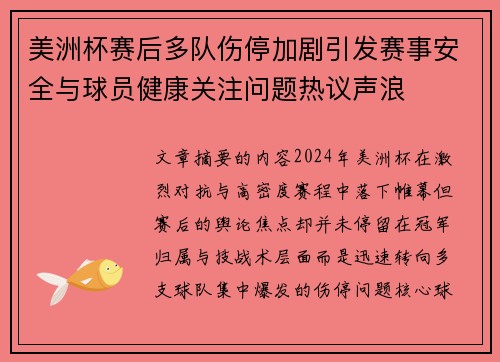美洲杯赛后多队伤停加剧引发赛事安全与球员健康关注问题热议声浪